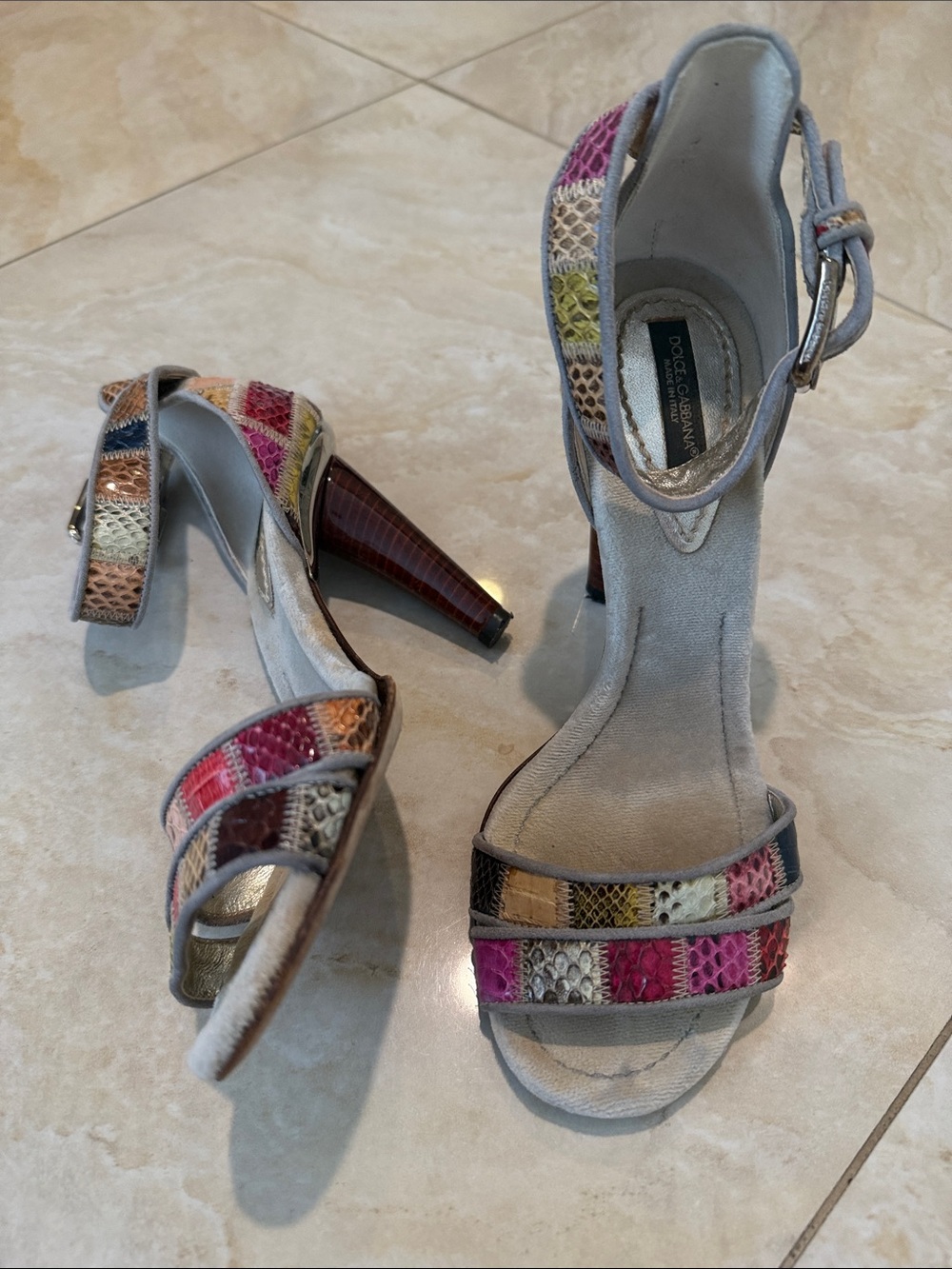 Dolce & Gabbana Multicolor Patchwork Snake-Embossed Ankle-Strap Heels 36 1/2
